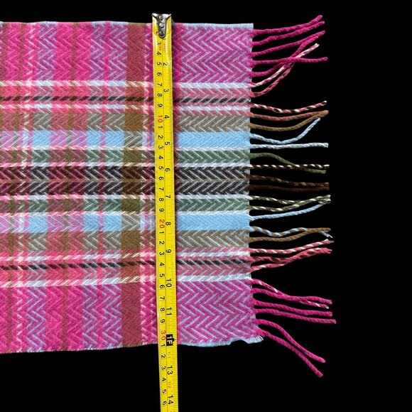 Cashmere Scarf Pink Blue Plaid Fringe Made in Germany Chevron Hand Tailored - Picture 4 of 5